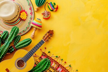 Mexican Cinco de Mayo holiday background with mexican cactus,guitars, sombrero hat, maracas, Bright yellow flat lay with traditional Cinco de Mayo decor and party accessories - generative ai - obrazy, fototapety, plakaty