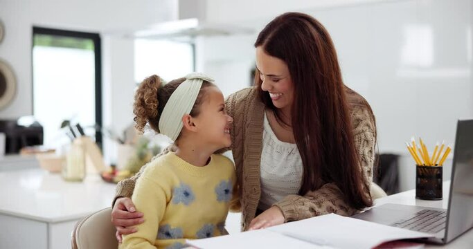 Happy mother, child and hug with homework for support, embrace or love in care at home. Portrait of young or proud mom, daughter or kid with smile, laptop or trust for childhood development at house