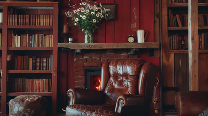 Cozy rustic cabin, with a barn red wall, chocolate brown leather armchair, and sturdy wooden shelves stocked with vintage knick-knacks and a rustic vase of wild daisies.