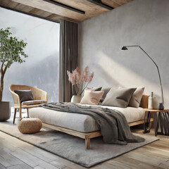 illustration d'une chambre à coucher d'adulte moderne dans les teintes gris et beige 