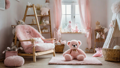illustration d'une chambre d'enfant une fille dans les teintes beige et rose décorée avec des ours en peluche fauteuil étagère - obrazy, fototapety, plakaty