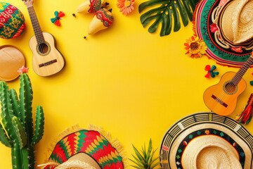 Mexican Cinco de Mayo holiday background with mexican cactus,guitars, sombrero hat, maracas, Bright yellow flat lay with traditional Cinco de Mayo decor and party accessories - generative ai