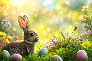 Cute Easter rabbit with decorated eggs and flowers on spring sunny landscape. Little bunny in the meadow. Happy Easter greeting card, banner, border  © ratatosk