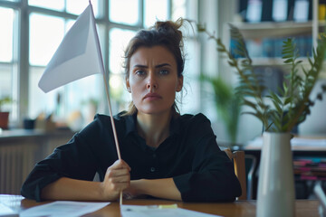 Burnt Out White Woman Waving White Flag at Work, Quiet Quitting or Retiring - obrazy, fototapety, plakaty