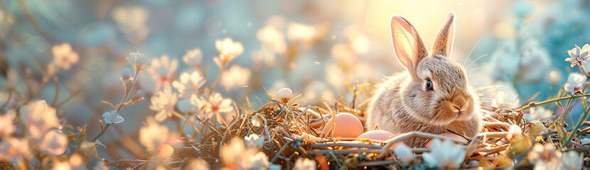 Cute fluffy rabbit sitting in basket with colorful eggs on spring field with flowers and grass. Happy Easter. Cottagecore. Background, card, banner with copy space - Powered by Adobe