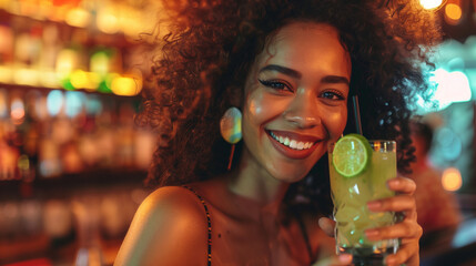 Smiling woman holding a drink at a bar. - obrazy, fototapety, plakaty