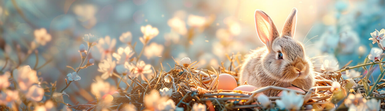 Cute fluffy rabbit sitting in basket with colorful eggs on spring field with flowers and grass. Happy Easter. Cottagecore. Background, card, banner with copy space