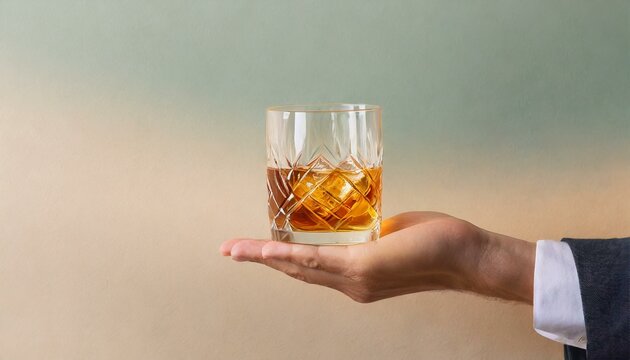 Savoring the Moment: Hand Holding Whisky Glass on Light Pastel Background with Space for Text