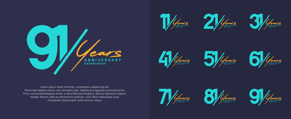 anniversary logotype vector design with slash and orange handwriting blue color for special day - obrazy, fototapety, plakaty