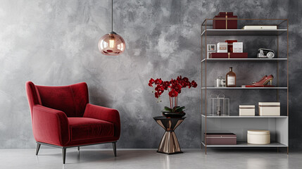 Luxury modern, pearl grey wall, deep red armchair, high-gloss shelf unit with luxury goods, and a...