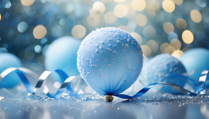  illustration d'un ballon bleu recouvert de neige avec ses rubans autour et d'autres ballons derrière posée sur un sol gris sur un fond bleu avec des ronds en effet bokeh