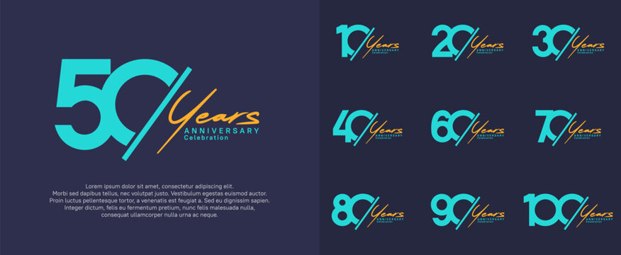 anniversary logotype vector design with slash and orange handwriting blue color for special day