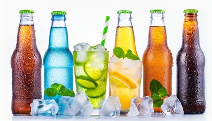 Chilled Delights: Assorted Ice-Cold Beverage Bottles Isolated on White Background - Water, Beer, Lemonade, and Soda Refreshment Collection