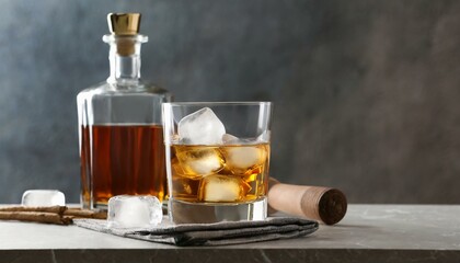 On the Rocks: Whiskey with Ice Cubes in Glass and Bottle on Table, Space for Text