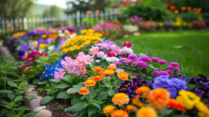 Multi-colored flower bed in the park. Lots of beautiful summer flowers. Lush bright flowering in the garden. Multicolor blooming front garden. Outdoor summer gardening - obrazy, fototapety, plakaty