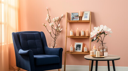 Serene nook, pastel peach wall, navy blue armchair, ladder shelf with scented candles, framed photos, and a vase of magnolias on a round end table. Gentle morning light.