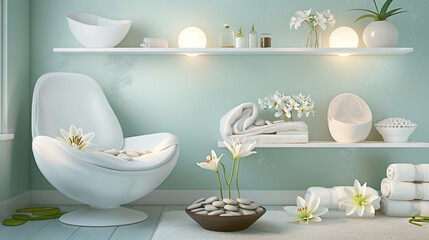 Fototapeta na wymiar Serene spa-like bathroom, with a pale aqua wall, white spa chair, and open shelving with fluffy towels, spa stones, and a bowl of water lilies. Soft, ambient lighting promotes relaxation.