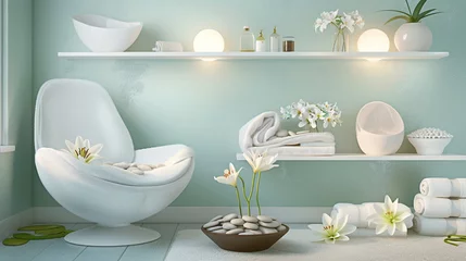 Foto op Canvas Serene spa-like bathroom, with a pale aqua wall, white spa chair, and open shelving with fluffy towels, spa stones, and a bowl of water lilies. Soft, ambient lighting promotes relaxation. © Abdul