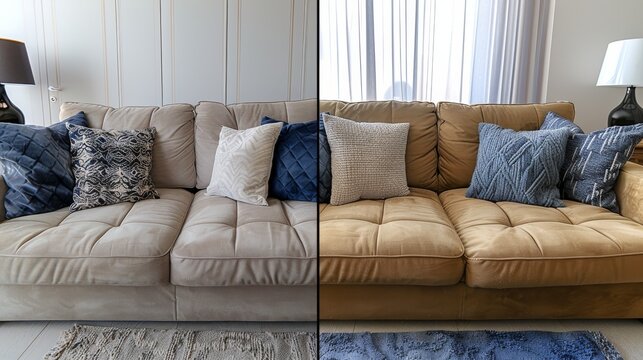 A before and after comparison of sofa cleaning, demonstrating the transformative power of in-depth cleaning services
