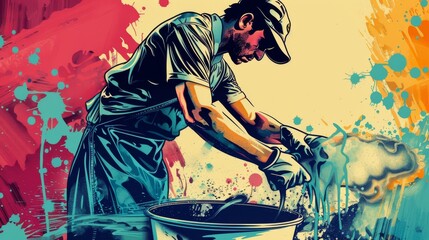 A depiction of a worker engaged in the task of removing and washing, highlighting the labor-intensive nature of cleaning jobs