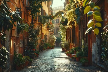 a narrow alley with cobbled paths, vibrant hanging plants and historic buildings under the warm afternoon sun. - obrazy, fototapety, plakaty
