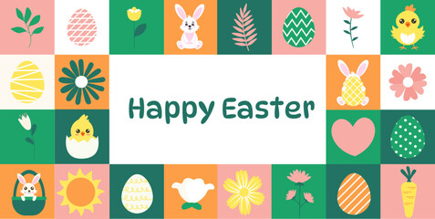 Fototapeta na wymiar Happy Easter, spring rabbit, folk mosaic, banner. 