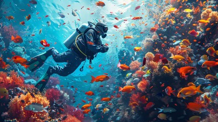 Obraz premium A diver explores an enchanting underwater world, rich with vibrant coral gardens and a kaleidoscope of tropical fish