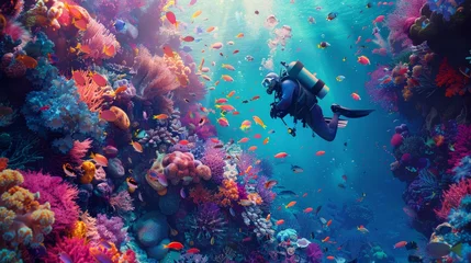 Fotobehang A diver explores an enchanting underwater world, rich with vibrant coral gardens and a kaleidoscope of tropical fish © Riz
