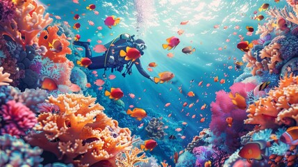 Fototapeta na wymiar A diver explores an enchanting underwater world, rich with vibrant coral gardens and a kaleidoscope of tropical fish