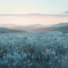 The serene beauty of a misty meadow at twilight, sprinkled with dew-kissed wildflowers as the first light of day softly illuminates the rolling hills.