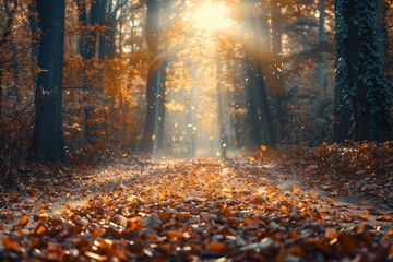 The enchanting scene of golden autumn leaves cascading onto a forest path bathed in the warm light of a sunrise