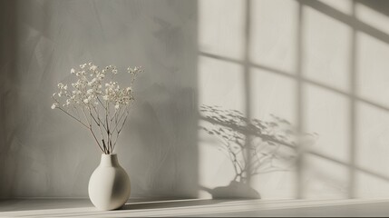 Elegant Minimalist Vase with Dried Flowers in Sunlit Room with Shadows
