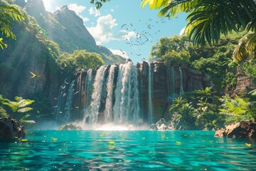 A hidden waterfall cascades into a crystal-clear pool, surrounded by the rich greenery of a tropical jungle, while birds soar in the bright blue sky.