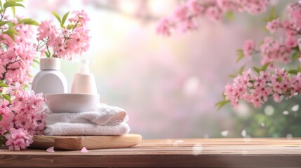 A washing set displayed on a wooden table with a blurry background of pink flowers, combining the aesthetics of cleaning with natural beauty  - obrazy, fototapety, plakaty