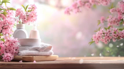 Foto op Plexiglas A washing set displayed on a wooden table with a blurry background of pink flowers, combining the aesthetics of cleaning with natural beauty  © Orxan