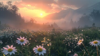 A serene meadow of wildflowers is enveloped in the soft mist of an early morning sunrise, with the distant mountains casting a majestic backdrop.