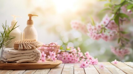 A washing set displayed on a wooden table with a blurry background of pink flowers, combining the aesthetics of cleaning with natural beauty 