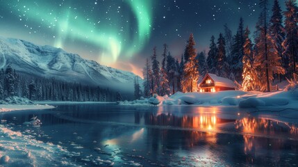 A cozy cabin warmly lit against the snowy landscape, offering a magical view of the aurora borealis dancing across the star-filled night sky.