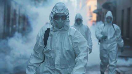 Hazmat suit-clad specialists disinfecting areas to mitigate the spread of coronavirus, highlighting the critical nature of pandemic response efforts