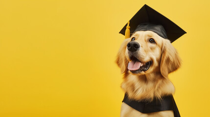 Cachorro vestindo beca de formatura e chapéu isolado no fundo amarelo - obrazy, fototapety, plakaty
