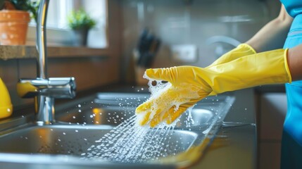 Hygiene-focused cleaning using spray detergent and rubber gloves, underscoring the importance of maintaining cleanliness on work surfaces