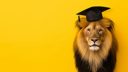 Leão vestindo beca de formatura e chapéu isolado no fundo amarelo - obrazy, fototapety, plakaty