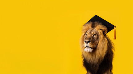 Leão vestindo beca de formatura e chapéu isolado no fundo amarelo - obrazy, fototapety, plakaty