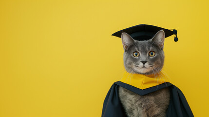 Gato com beca de formatura e chapéu isolado no fundo amarelo - obrazy, fototapety, plakaty