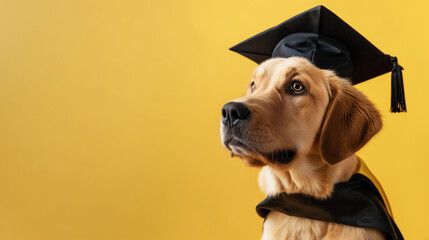 Cachorro vestindo beca de formatura e chapéu isolado no fundo amarelo - obrazy, fototapety, plakaty