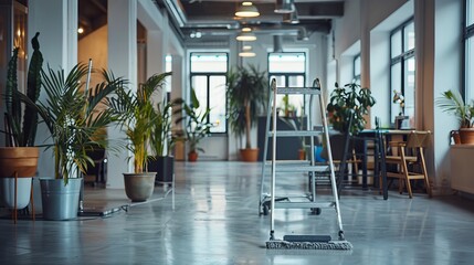 Specialized cleaning of a coworking space using a mop, with a folding stepladder nearby, illustrating the care taken in maintaining shared environments - obrazy, fototapety, plakaty