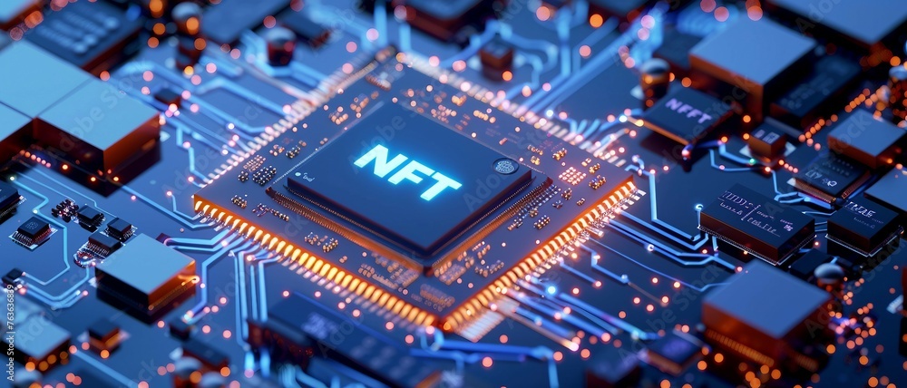 Aufkleber a close-up view with the acronym nft displayed on a microchip, representing the concept of non-fungi