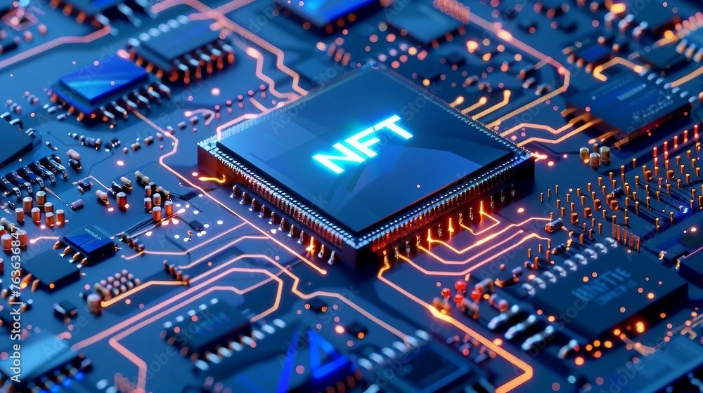 Poster a close-up view with the acronym nft displayed on a microchip, representing the concept of non-fungi