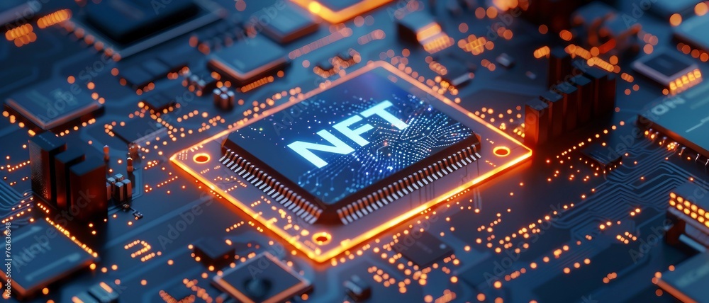 Poster a close-up view with the acronym nft displayed on a microchip, representing the concept of non-fungi