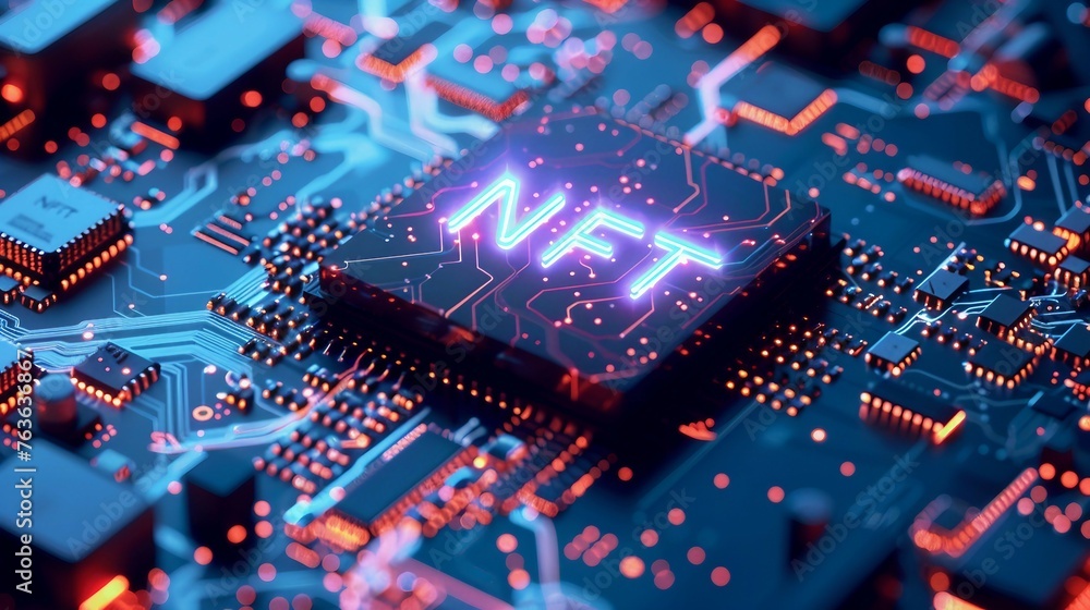 Poster a close-up view with the acronym nft displayed on a microchip, representing the concept of non-fungi
